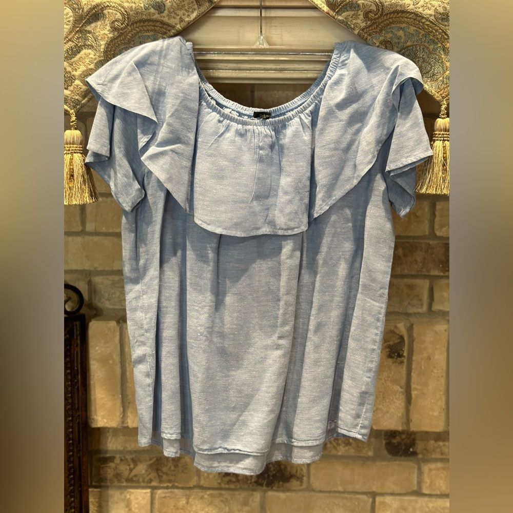Annie. Light Blue Ruffle Neck Top - Picture 3 of 5